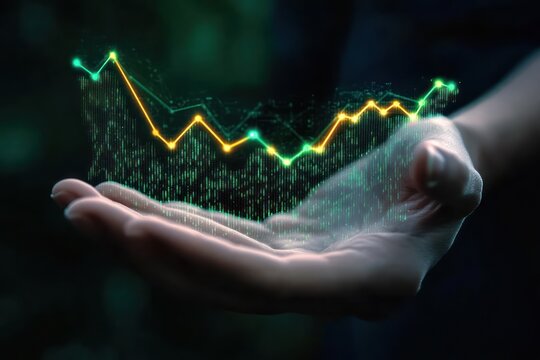 Outstretched hand holding glowing holographic data chart with rising lines and digital particles, conveying futuristic control and wonder