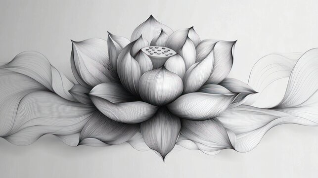 monochrome stylized lotus flower with layered linear petals and flowing ribbon-like waves, delicate fine lines conveying calmness and serenity