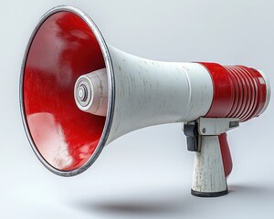 worn red and white handheld megaphone with glossy red interior, metal rim, trigger handle and weathered paint on a neutral background conveying urgency and announcement