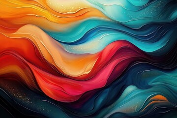 Layered flowing ribbons of vibrant teal, red, orange and gold with shimmering texture, swirling motion conveying energy and calm