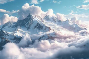 snow-covered jagged mountain peaks rising above a sea of thick clouds under a blue sky with soft pink-tinged light, a serene and majestic alpine scene