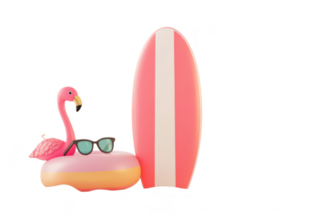 A summer scene featuring a pink flamingo float with sunglasses beside a stylish surfboard. surrounded by tropical leaves and playful birds. evoking a fun beach atmosphere