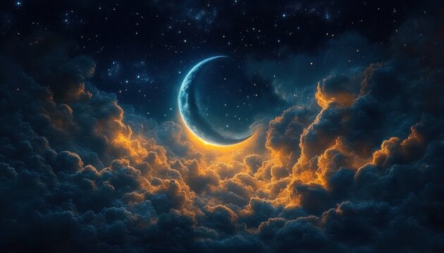 Dreamlike crescent moon glowing above illuminated golden-edged clouds under a starry night sky, evoking wonder and serenity