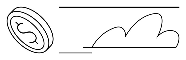 Dollar coin moving through space towards abstract cloud shape, signifying progress, innovation, and financial improvement. Ideal for fintech, cloud banking, investment, success, finance technology