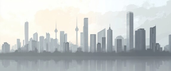 Tranquil modern city skyline at dawn with tall glass skyscrapers and slender towers silhouetted above a tree-lined waterfront, softly reflected in calm misty water