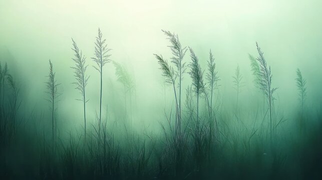 tall slender grasses and reeds rising through soft teal mist in a tranquil serene foggy meadow - Powered by Adobe