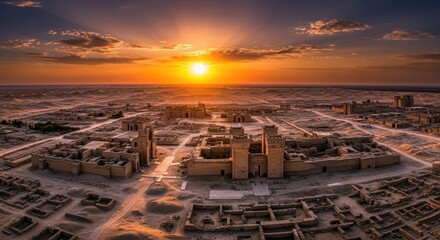 Spectacular sunset over the ruins of an ancient city with sand dunes and architectural details