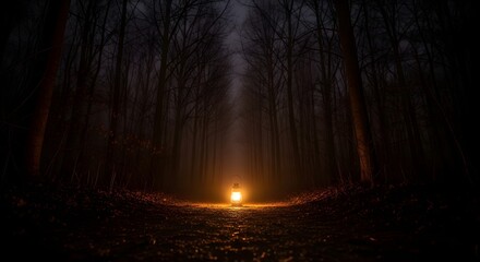 A vintage oil lantern glowing warmly in the middle of a dark, misty forest path at night