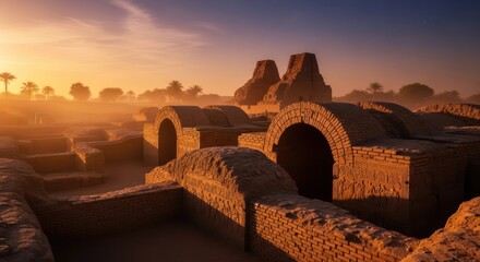 Mystical sunrise over ancient mesopotamian ruins casting an ethereal glow on the landscape