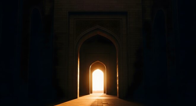 Dark architectural silhouette of Islamic arches leading to a bright light, symbolizing hope and spirituality