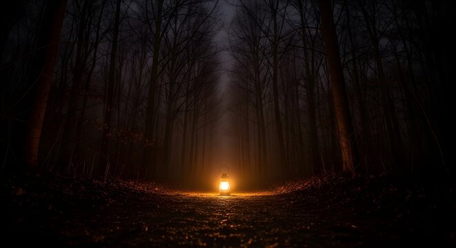 A vintage oil lantern glowing warmly in the middle of a dark, misty forest path at night