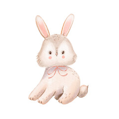 Cute Watercolor Easter Bunny with Bow