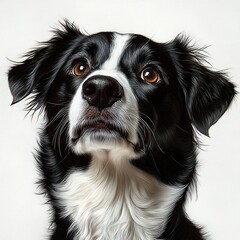 Fototapeta premium Close-up portrait of a black and white dog with soulful brown eyes looking upward, fluffy fur and wet nose conveying curiosity and a hopeful, attentive expression