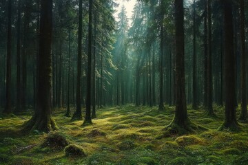 Fototapeta premium Misty sunlit evergreen forest with tall straight trunks and lush mossy floor, peaceful and mysterious atmosphere