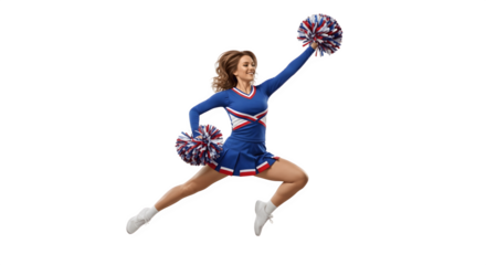 Energetic Cheerleader Performing Dynamic Jump with PomPoms.