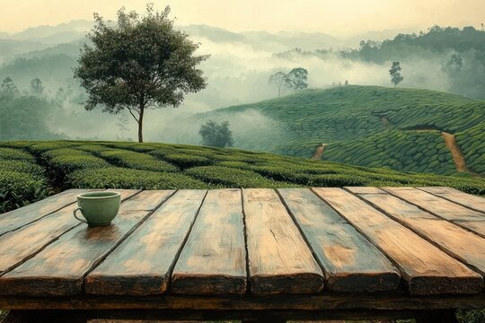 green ceramic cup on a weathered wooden table overlooking misty tea plantation, rolling green hills and a lone tree at dawn, evoking calm and tranquil serenity