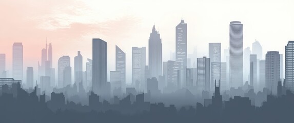 panoramic foggy city skyline of high-rise buildings at dawn with pastel sky, layered silhouettes and a calm melancholic atmosphere