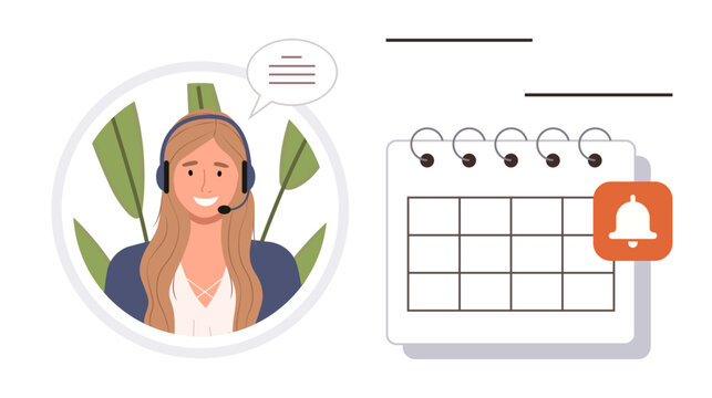Smiling woman wearing a headset speaking, circular frame with green leaves, calendar and notification alert. Ideal for customer service, scheduling, telecommunication, planning, reminders