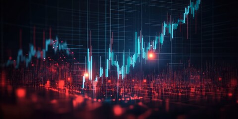 glowing blue candlestick and line stock chart rising over a red digital grid, futuristic energetic sense of market growth and intensity