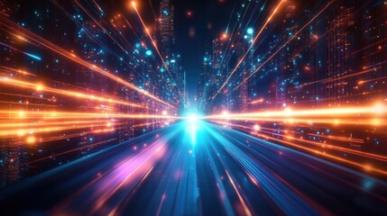 neon metropolis corridor of light with converging orange and blue streaks toward a bright vanishing point, conveying high-speed futuristic motion and exhilaration