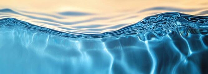 shimmering blue water wave with rippling surface and golden sky reflection, glowing sunlight and tranquil serene mood
