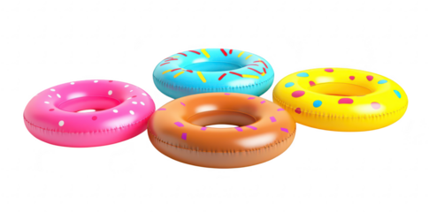 A collection of four inflatable pool float donuts in pink. blue. yellow. and brown. set against a clean white background. perfect for summer fun and pool parties