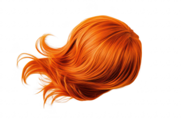 A vibrant. flowing orange wig displayed on a clean white background. its glossy texture and natural wave. ideal for fashion shoots or costume design