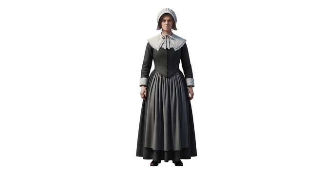 Fulllength portrait of a woman in traditional Puritan attire.