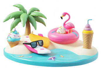 A summer scene featuring a colorful beach setup with palm trees. inflatable flamingo. surfboard. and ice cream cones. evoking a playful atmosphere ideal for vacation-themed visuals