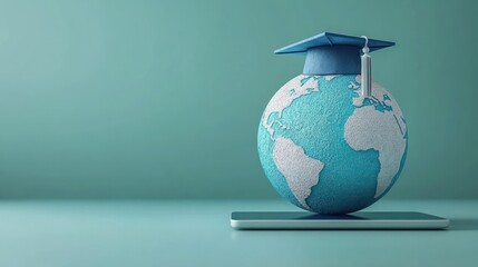 textured globe with continents wearing a graduation cap resting on a tablet on a teal background, conveying global online education and hopeful optimism
