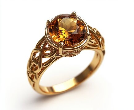 ornate gold ring with large amber faceted gemstone, intricate celtic motif filigree and polished band, elegant romantic luxury