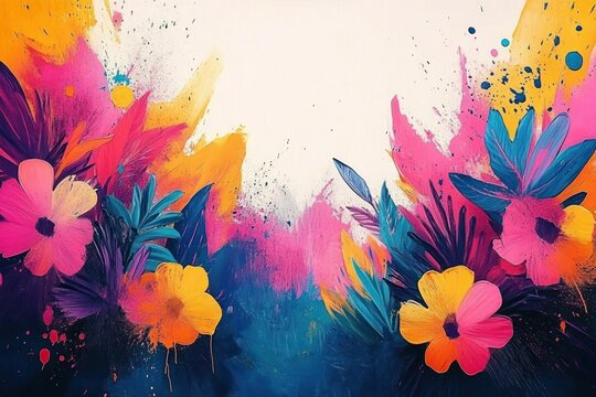 vibrant abstract floral arrangement with pink and yellow blossoms, teal leaves, bold brush strokes and paint splatters conveying a joyful energetic mood - Powered by Adobe