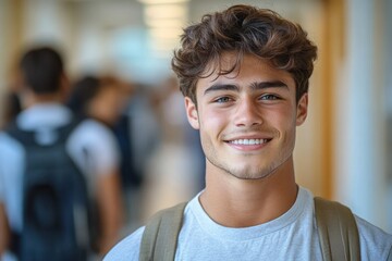 Fototapeta premium Teenage student standing in a busy school hallway wearing a backpack and t-shirt, calm neutral expression with soft background of classmates and corridor lights
