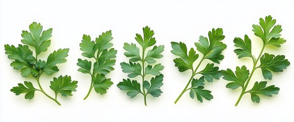 Five fresh green parsley sprigs arranged on a white background, bright and crisp, evoking freshness and natural simplicity