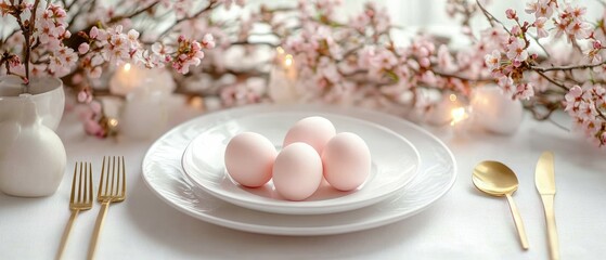 Delicate spring table setting with pale pink eggs on stacked white plates, gold cutlery, white vases of cherry blossom branches and warm fairy lights, serene elegant mood