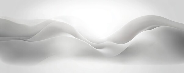 soft layered white and gray waves of translucent fabric-like forms with gentle central glow, smooth gradients and negative space evoking calm and serene minimalism