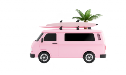 A pink van with surfboards and a palm tree on the roof parked against a clean white background. evoking a carefree beach lifestyle. perfect for travel or summer-themed projects