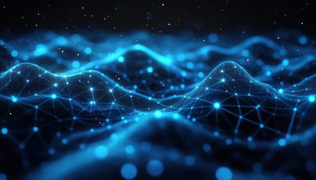 glowing blue network mesh forming undulating waves of connected nodes and particles over a dark starry background, futuristic and mesmerizing