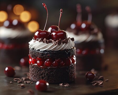 Mini layered chocolate cake topped with whipped cream, glossy cherries and chocolate shavings, cherry filling between moist layers with scattered cherries and warm bokeh, indulgent and elegant