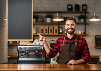 A friendly male barista smiling and pointing at a blank blackboard menu in a modern coffee shop. He is standing behind the counter.