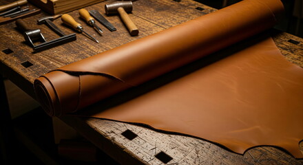 A roll of brown genuine leather on a rustic wooden workbench with traditional tools. Concept for craftsmanship, handmade goods, and leatherworking.