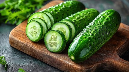 fresh crisp cucumbers, one partially sliced into rounds on a rustic wooden cutting board with green herbs in the background, vibrant dewy and refreshing