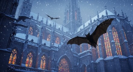 Snowy gothic cathedral with bats evokes a sense of mysterious allure and winter charm