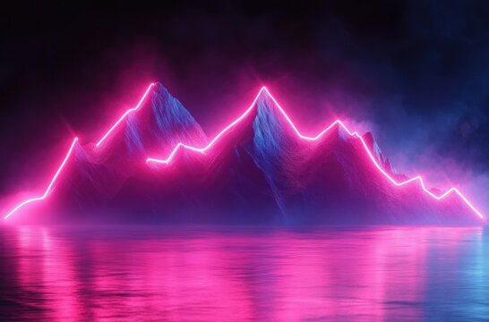 neon pink outlined mountain range with glowing ridge reflected on calm water under a misty moody night sky, evoking a surreal dreamy and mysterious atmosphere