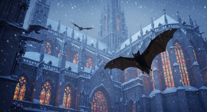 Snowy gothic cathedral with bats evokes a sense of mysterious allure and winter charm