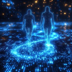 Two glowing blue digital humanoid figures walking together across a swirling matrix of light and data with distant warm bokeh lights, futuristic and mysterious mood