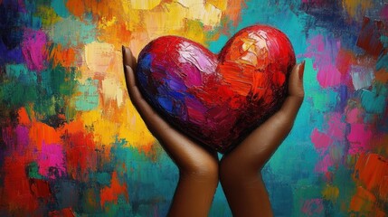 Dark-skinned hands gently cradling a textured red heart against a vibrant abstract painted background, evoking love, care, and warmth