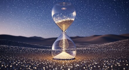 Ephemeral existence hourglass amid sparkling stardust on a desert landscape reflecting cosmic