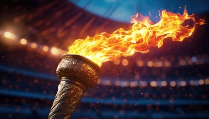 ornate ceremonial torch blazing with roaring flame in a packed stadium, triumphant and celebratory atmosphere