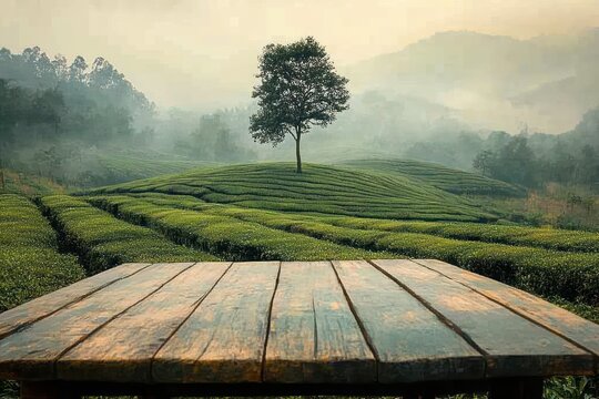 Weathered wooden table in foreground overlooking misty green terraced fields and a solitary tree, tranquil peaceful morning in rolling hills